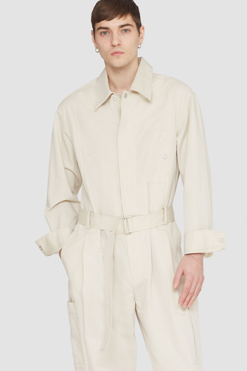 Relaxed Jumpsuit-neutrals #0 Relaxed Jumpsuit, long-sleeve jumpsuit from 3.1 PHILLIP LIM featuring sand beige, cotton blend, concealed front fastening, button-fastening chest pocket, belted waist, two side slit pockets, two side patch pockets, straight leg, classic collar and long sleeves.- 4