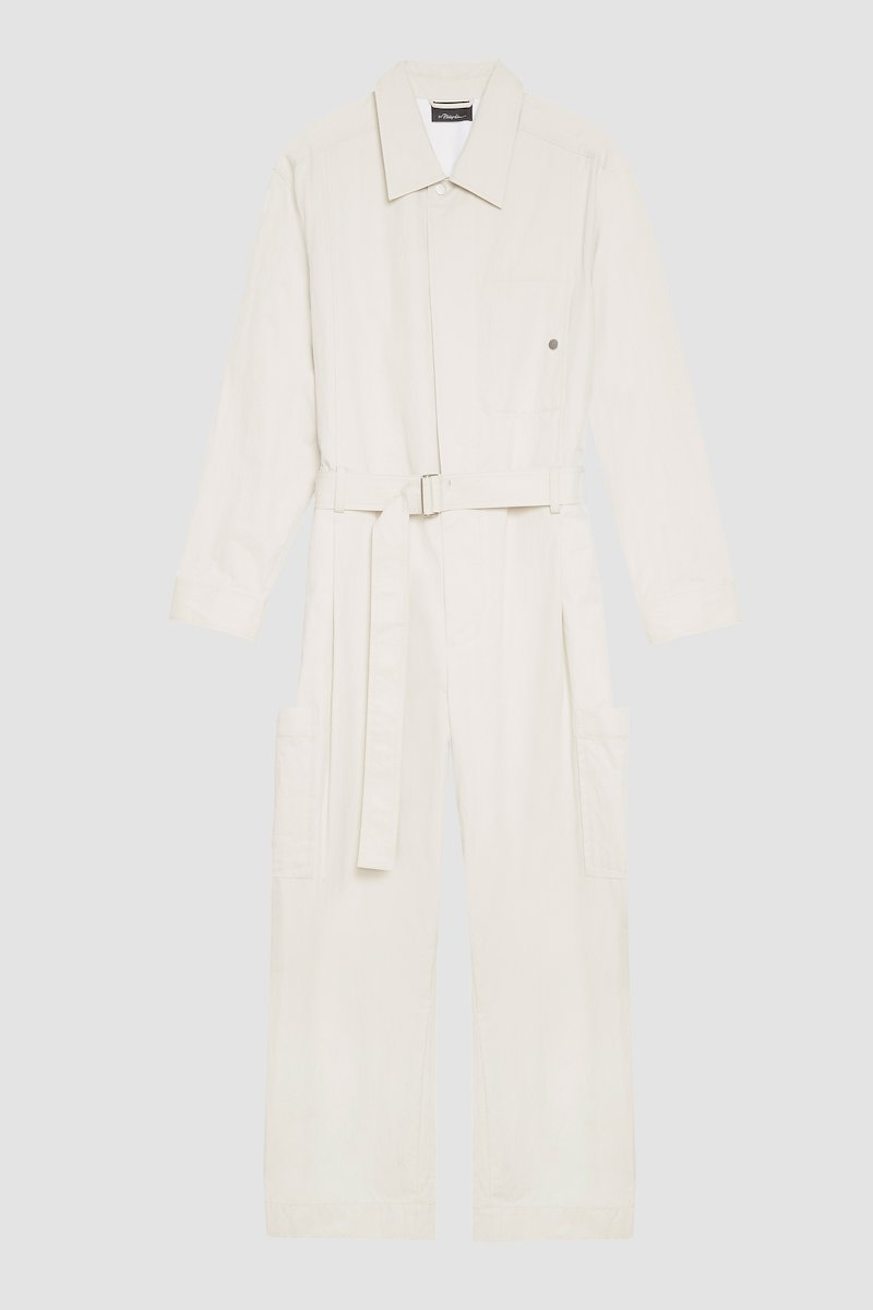 Relaxed Jumpsuit-neutrals #1 Relaxed Jumpsuit, long-sleeve jumpsuit from 3.1 PHILLIP LIM featuring sand beige, cotton blend, concealed front fastening, button-fastening chest pocket, belted waist, two side slit pockets, two side patch pockets, straight leg, classic collar and long sleeves.- 5