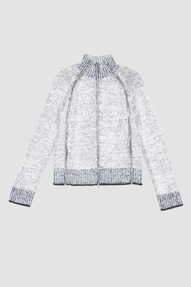 Long Sleeve Marled Pullover-white #1 Long Sleeve Marled Pullover, marled zip-up cardigan from 3.1 PHILLIP LIM featuring white, cotton blend, marl knit, decorative zip detailing, high neck, front zip fastening, long draped sleeves, straight hem and ribbed edge.- 7