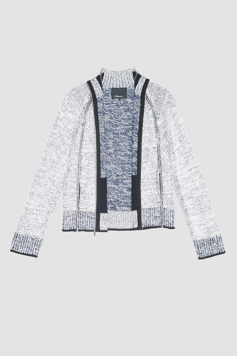 Long Sleeve Marled Pullover-white #1 Long Sleeve Marled Pullover, marled zip-up cardigan from 3.1 PHILLIP LIM featuring white, cotton blend, marl knit, decorative zip detailing, high neck, front zip fastening, long draped sleeves, straight hem and ribbed edge.- 11