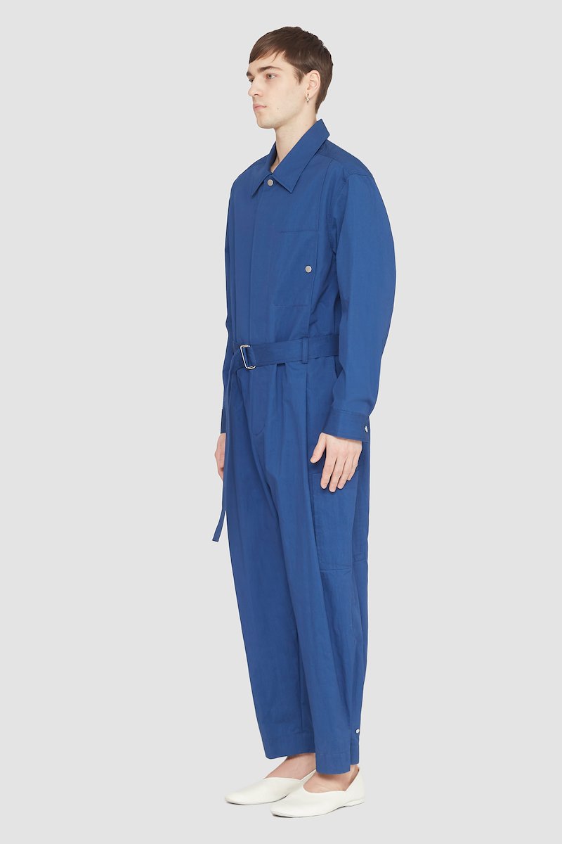 Relaxed Jumpsuit-blue #0 Relaxed Jumpsuit, long-sleeve jumpsuit from 3.1 PHILLIP LIM featuring blue, cotton blend, concealed front fastening, button-fastening chest pocket, belted waist, two side slit pockets, two side patch pockets, straight leg, classic collar and long sleeves.- 2