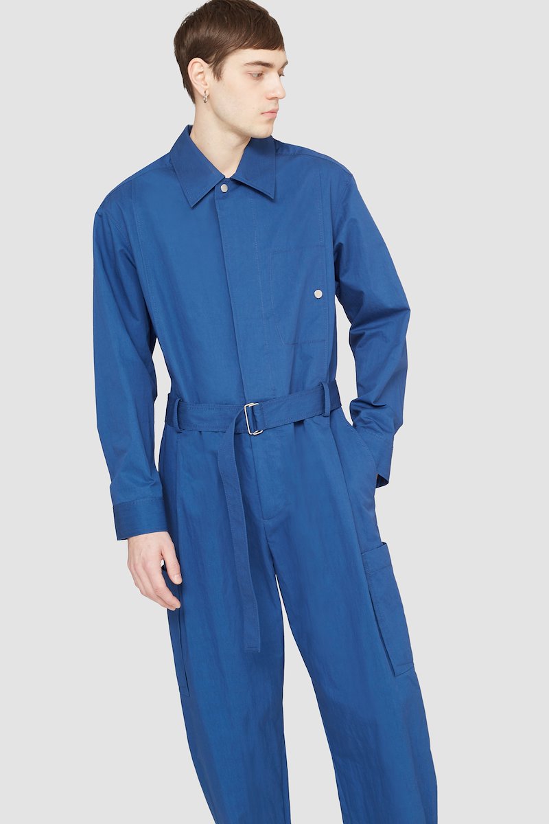 Relaxed Jumpsuit-blue #0 Relaxed Jumpsuit, long-sleeve jumpsuit from 3.1 PHILLIP LIM featuring blue, cotton blend, concealed front fastening, button-fastening chest pocket, belted waist, two side slit pockets, two side patch pockets, straight leg, classic collar and long sleeves.- 4