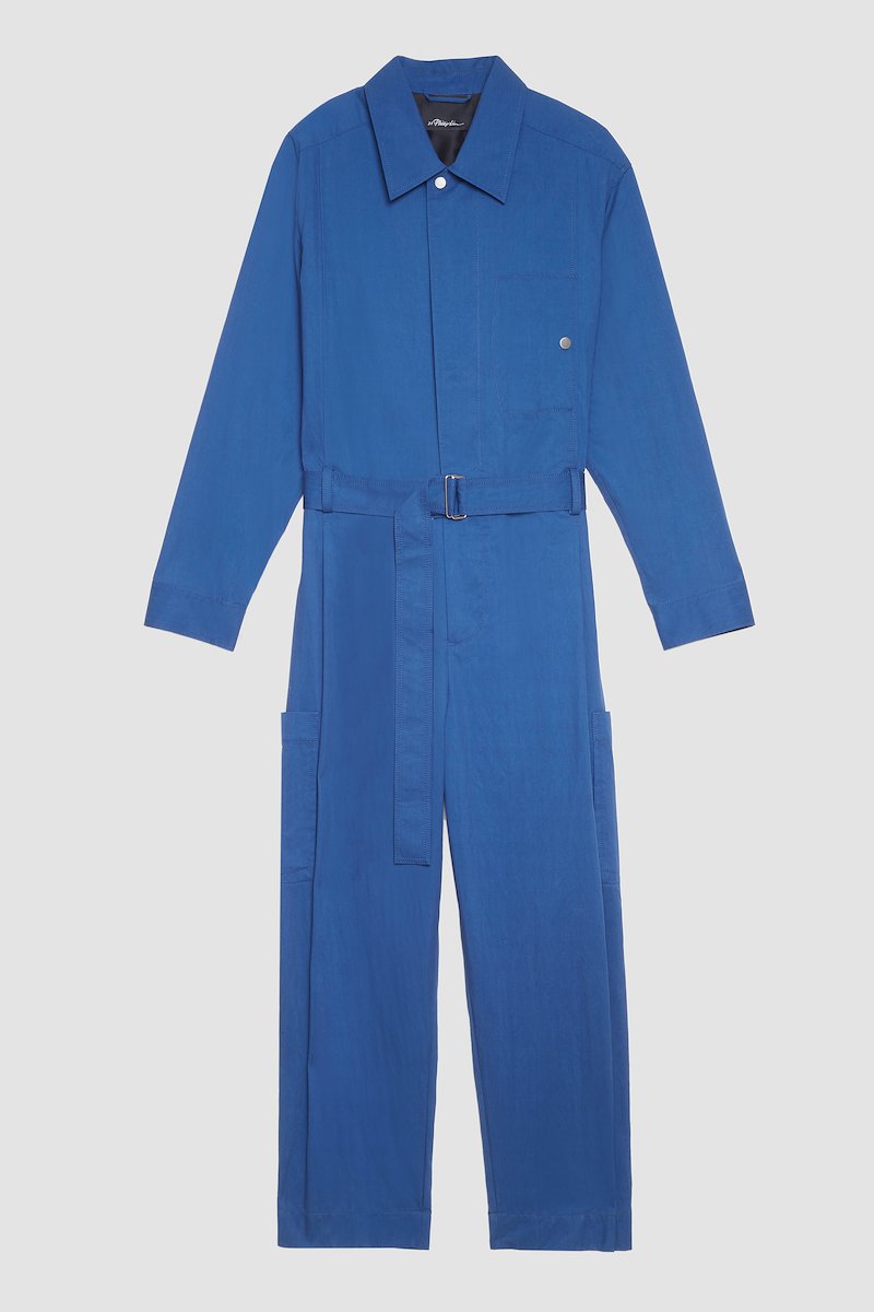 Relaxed Jumpsuit-blue #1 Relaxed Jumpsuit, long-sleeve jumpsuit from 3.1 PHILLIP LIM featuring blue, cotton blend, concealed front fastening, button-fastening chest pocket, belted waist, two side slit pockets, two side patch pockets, straight leg, classic collar and long sleeves.- 5