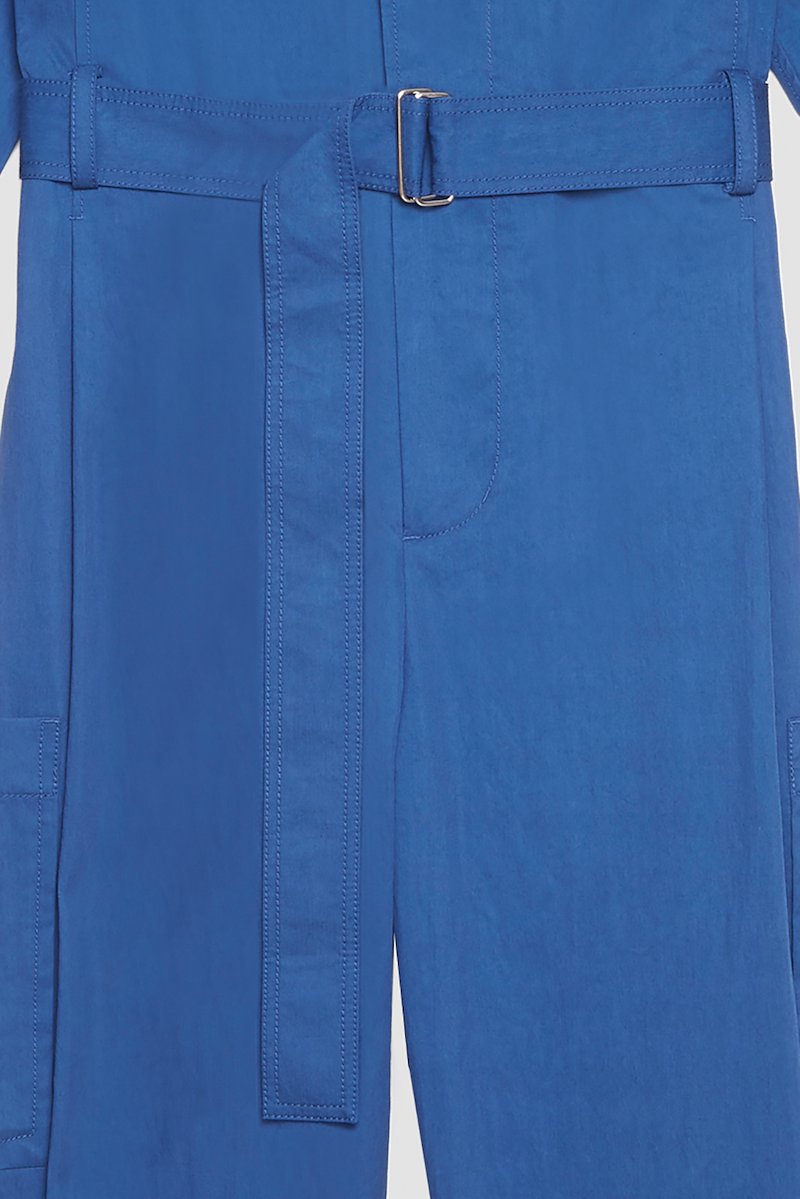 Relaxed Jumpsuit-blue #1 Relaxed Jumpsuit, long-sleeve jumpsuit from 3.1 PHILLIP LIM featuring blue, cotton blend, concealed front fastening, button-fastening chest pocket, belted waist, two side slit pockets, two side patch pockets, straight leg, classic collar and long sleeves.- 7
