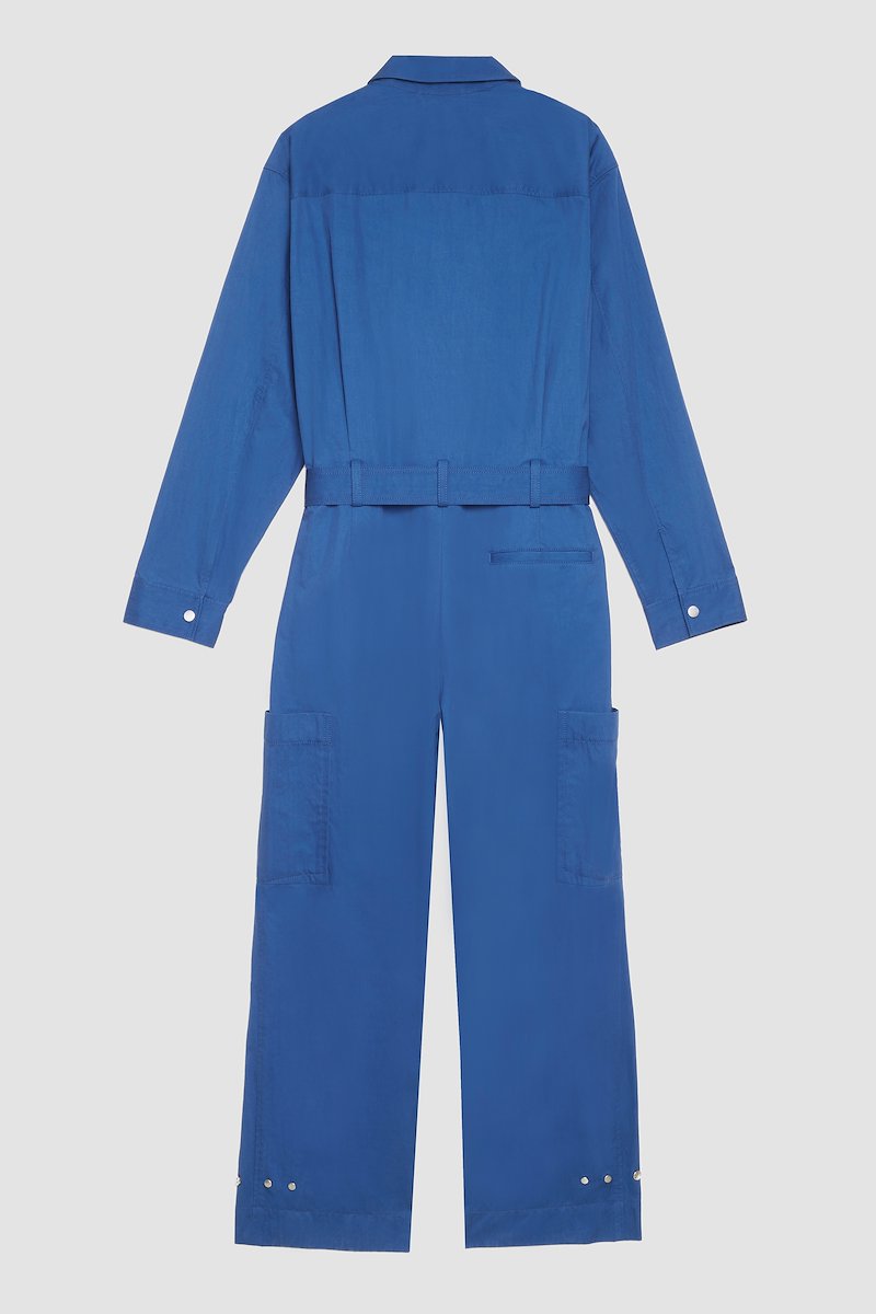 Relaxed Jumpsuit-blue #0 Relaxed Jumpsuit, long-sleeve jumpsuit from 3.1 PHILLIP LIM featuring blue, cotton blend, concealed front fastening, button-fastening chest pocket, belted waist, two side slit pockets, two side patch pockets, straight leg, classic collar and long sleeves.- 6