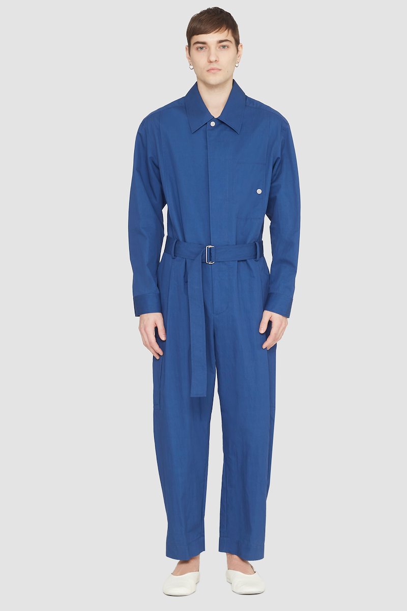 Relaxed Jumpsuit-blue #1 Relaxed Jumpsuit, long-sleeve jumpsuit from 3.1 PHILLIP LIM featuring blue, cotton blend, concealed front fastening, button-fastening chest pocket, belted waist, two side slit pockets, two side patch pockets, straight leg, classic collar and long sleeves.- 1