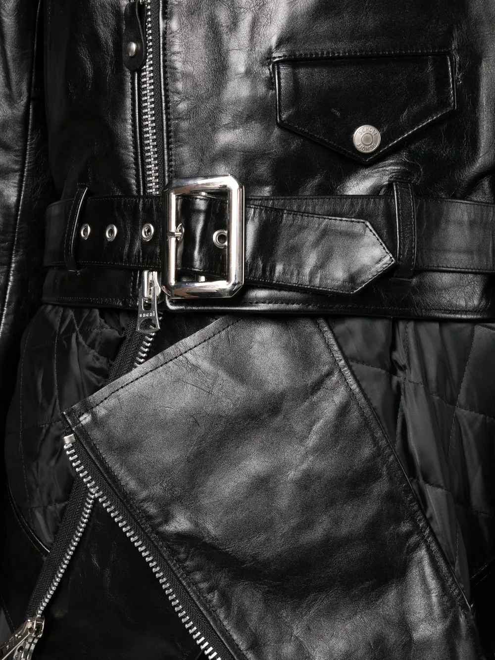 Sacai crinkled-effect Asymmetric Leather Jacket | Black