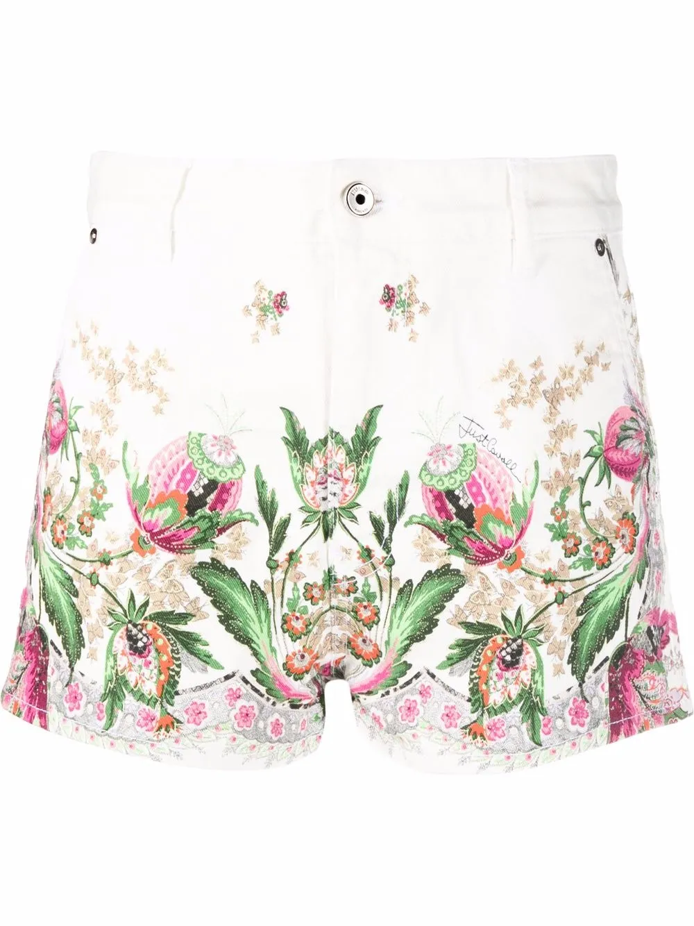 floral-print denim shorts