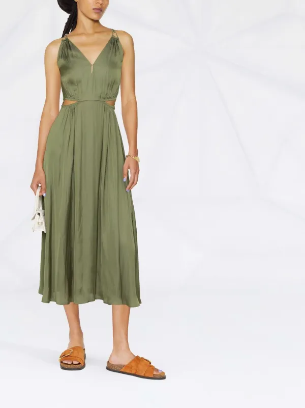 Maje Rune Lightly-Pleated V-Neck Midi Dress - Green