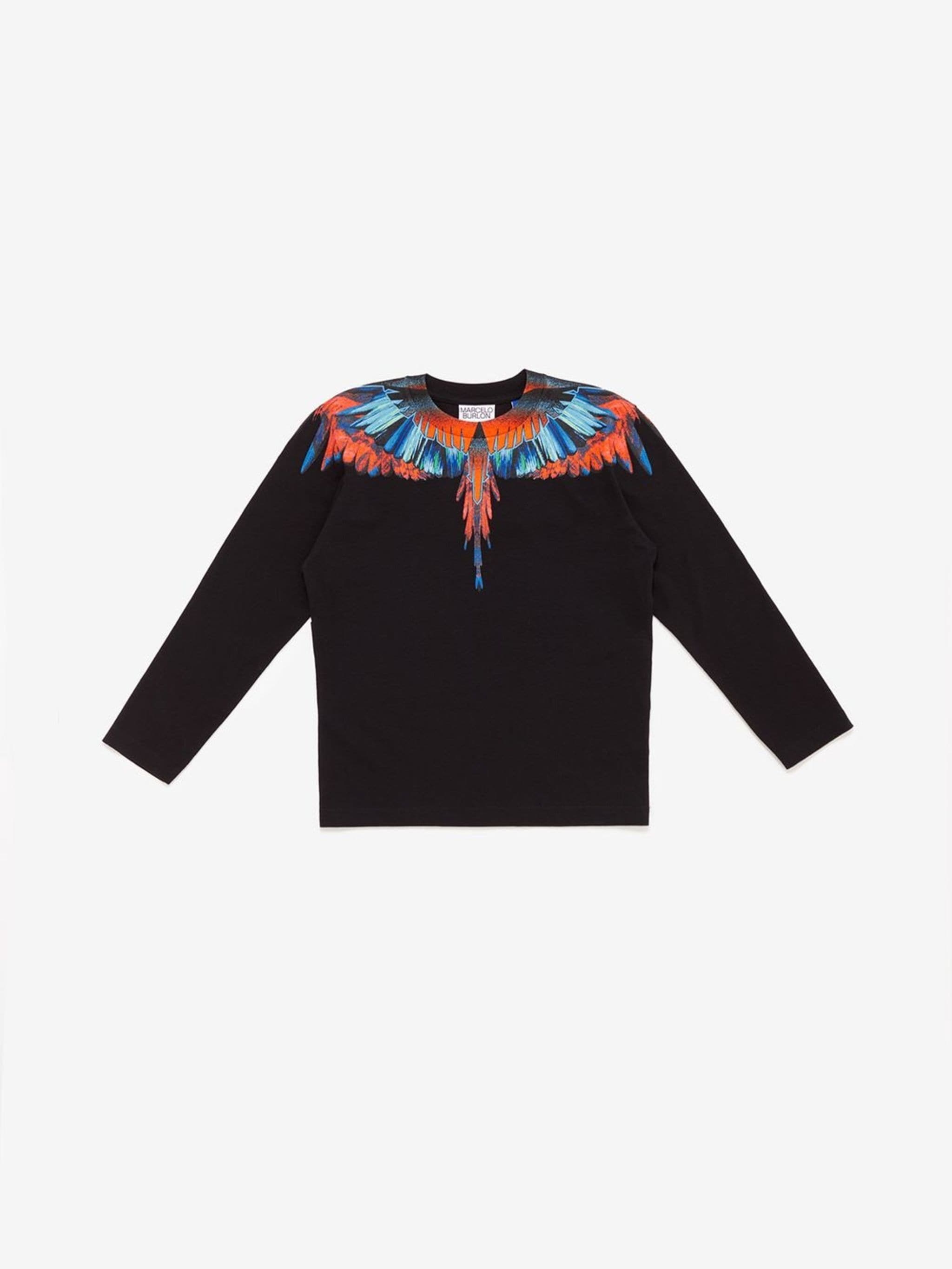 Wings print long-sleeve T-shirt from Marcelo Burlon Kids featuring black/multicolour, cotton, signature Marcelo Burlon Wings print, long sleeves and round neck.