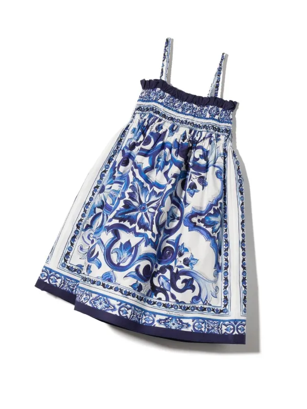 Dolce & Gabbana Kids Majolica-print Poplin Dress | White | FARFETCH