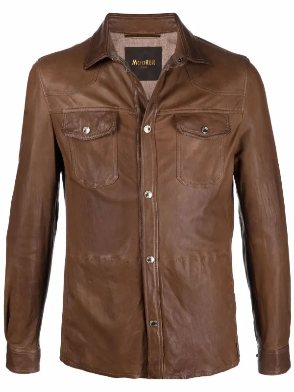 Shop Moorer leather shirt jacket with 