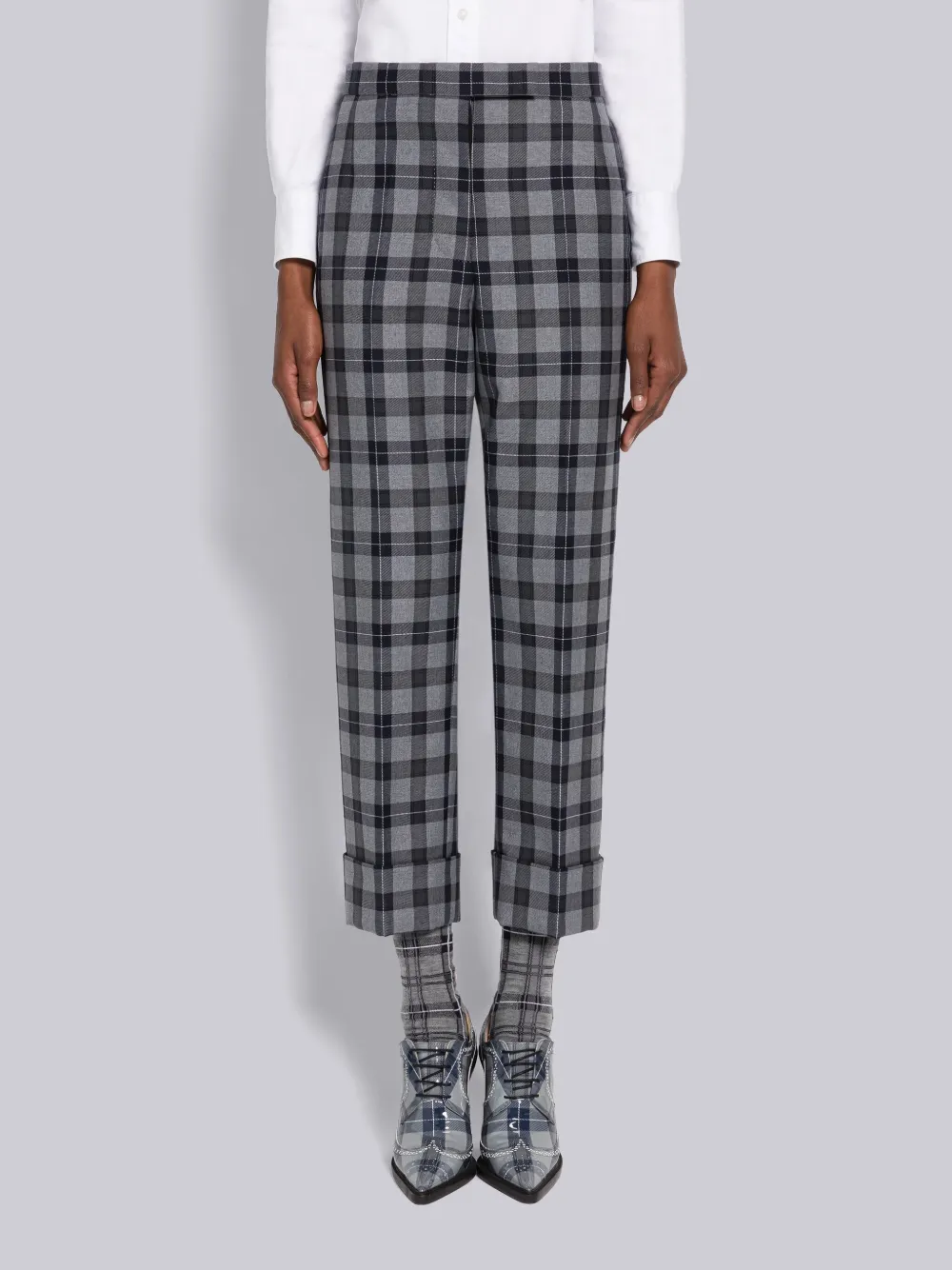 Thom Browne Tartan Cropped Trousers In Grey
