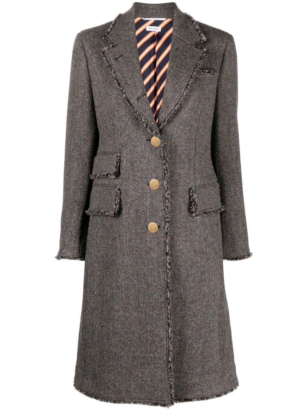 Thom Browne Herringbone Tweed Frayed-edge Coat In Brown