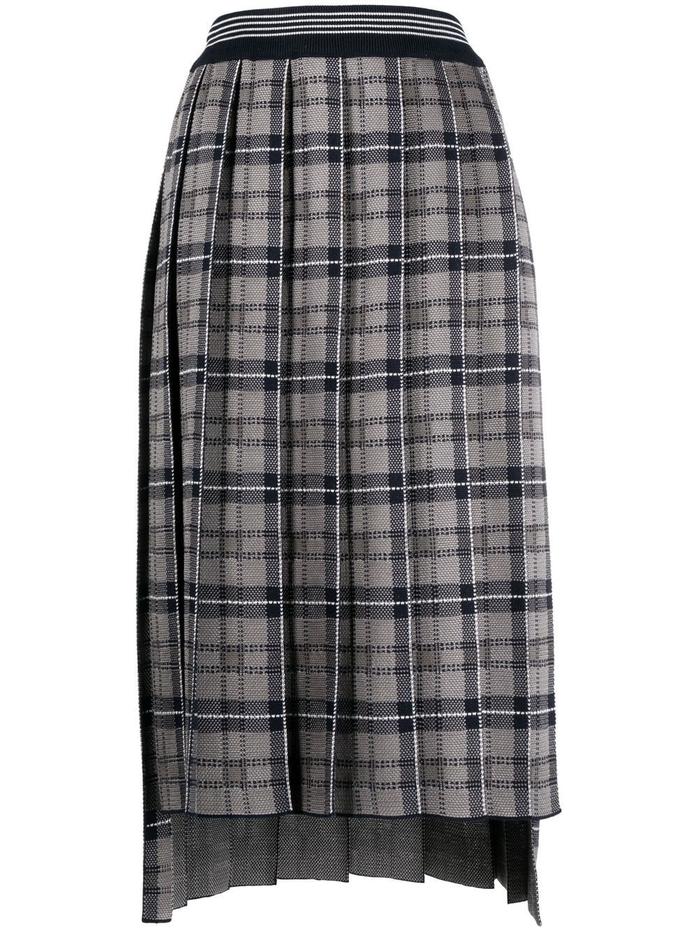 Thom Browne Silk Cotton Tartan Knee Length Pleated Skirt In Grey