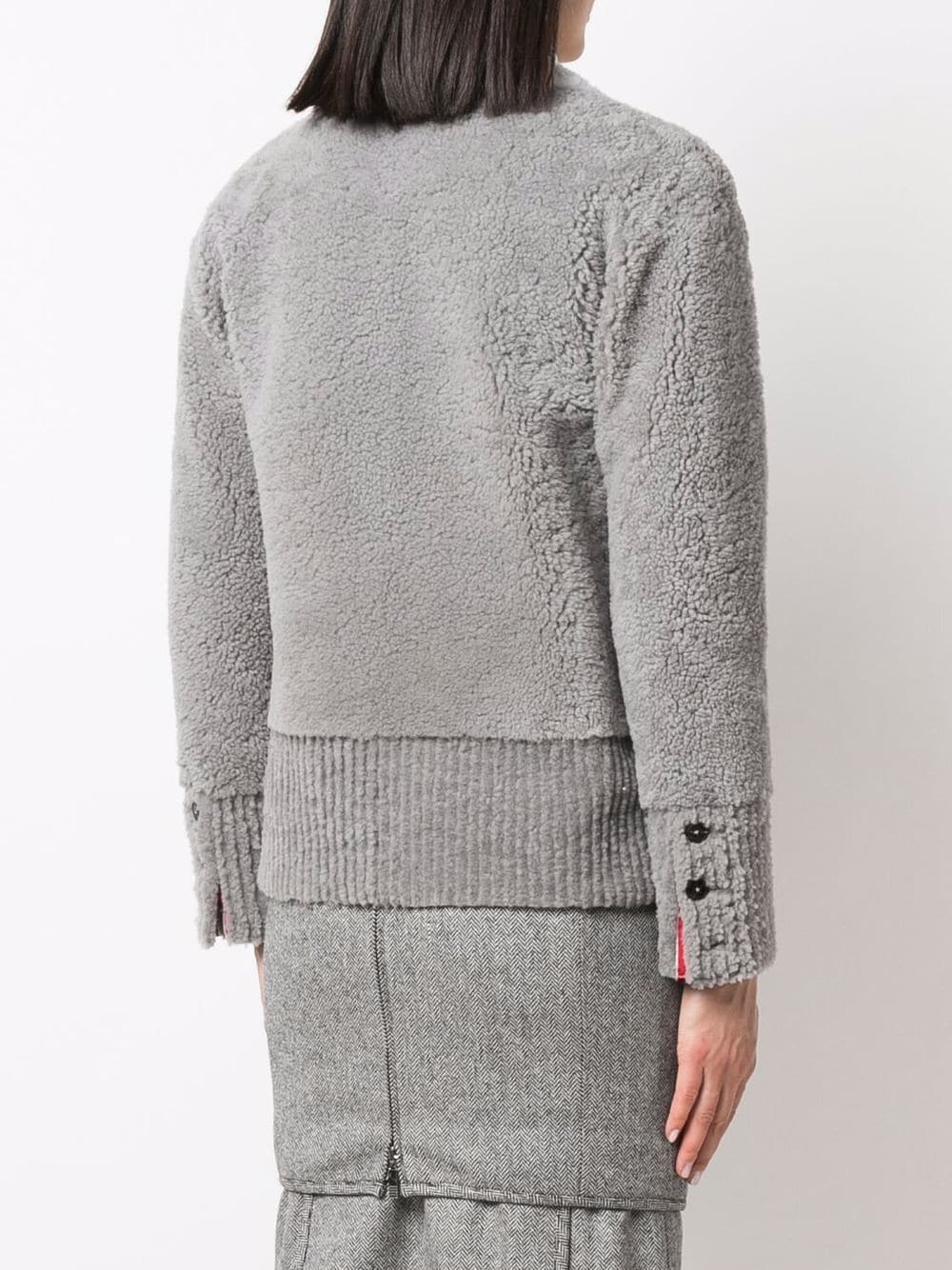 Shop Thom Browne V-neck Contrast-trim Shearling Cardigan Jacket In Grey