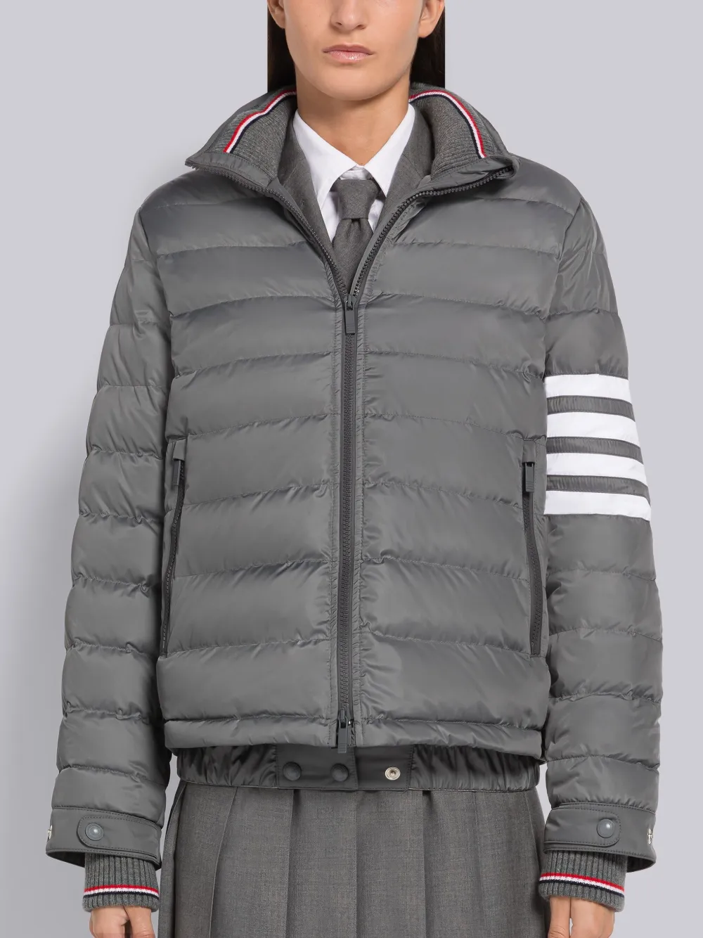 Thom Browne 4-bar Stripe-intarsia Funnel-neck Ski Jacket In Grey