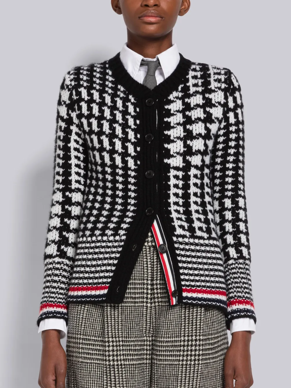Thom Browne Rwb-stripe Jacquard Cashmere Cardigan In Black