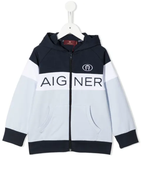 Aigner Kids logo-print panelled zip hoodie 