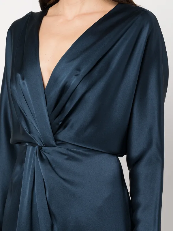 michelle mason long sleeve wrap dress Michelle Mason Charcoal Grey Wrap-effect Lace-trimmed Silk Midi Dress
