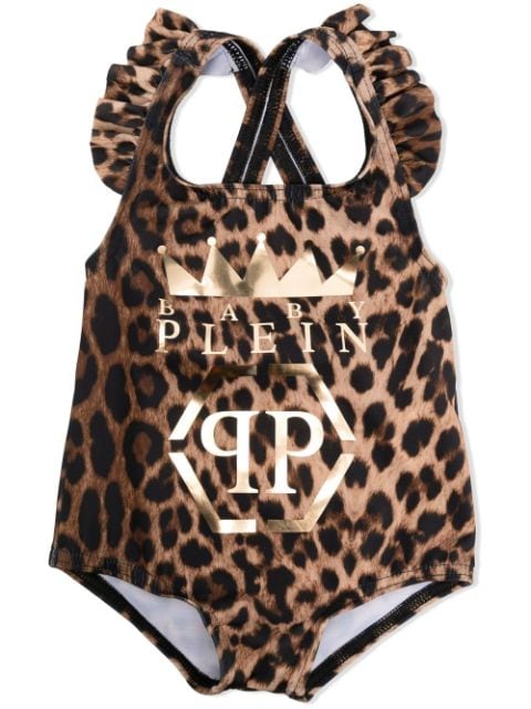 Philipp Plein Junior leopard-print logo swimsuit 