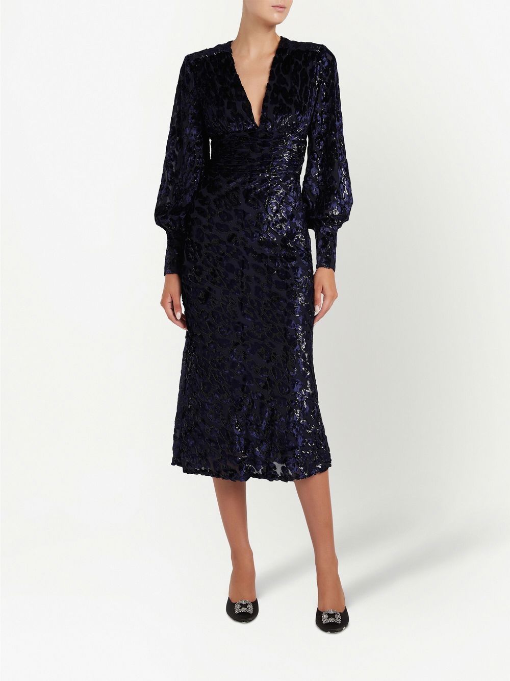 Shop Rebecca Vallance Leopard Pattern Fitted Midi Dress In Blue