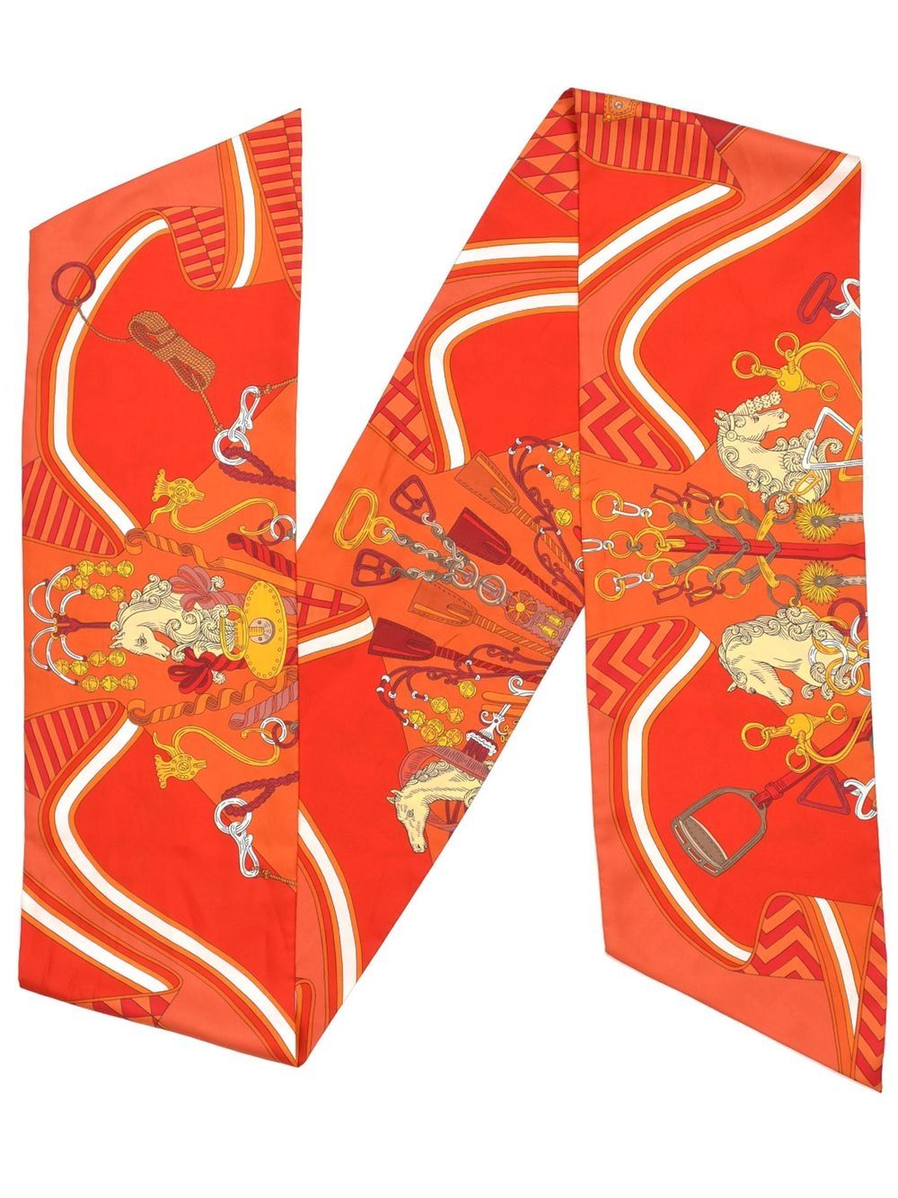 Pre-owned Hermes  Bouquets Sellier Maxi Twilly Silk Scarf In Orange