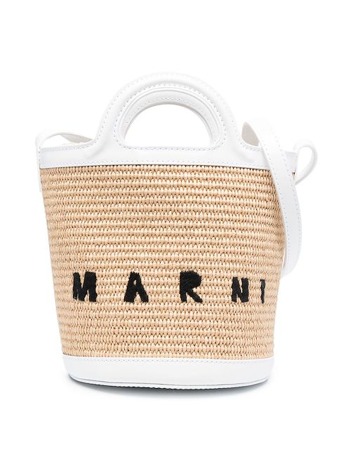 Marni embroidered-logo woven bucket bag 