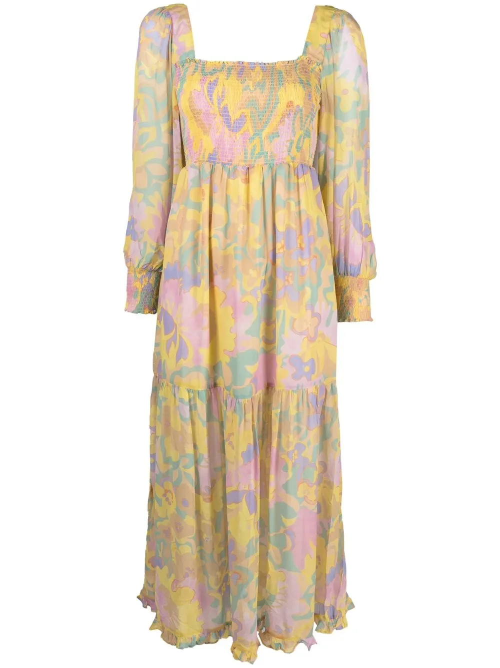 

Rixo tiered abstract-print midi dress - Yellow