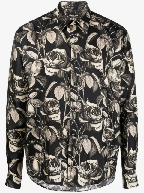 Roberto Cavalli rose-print silk shirt