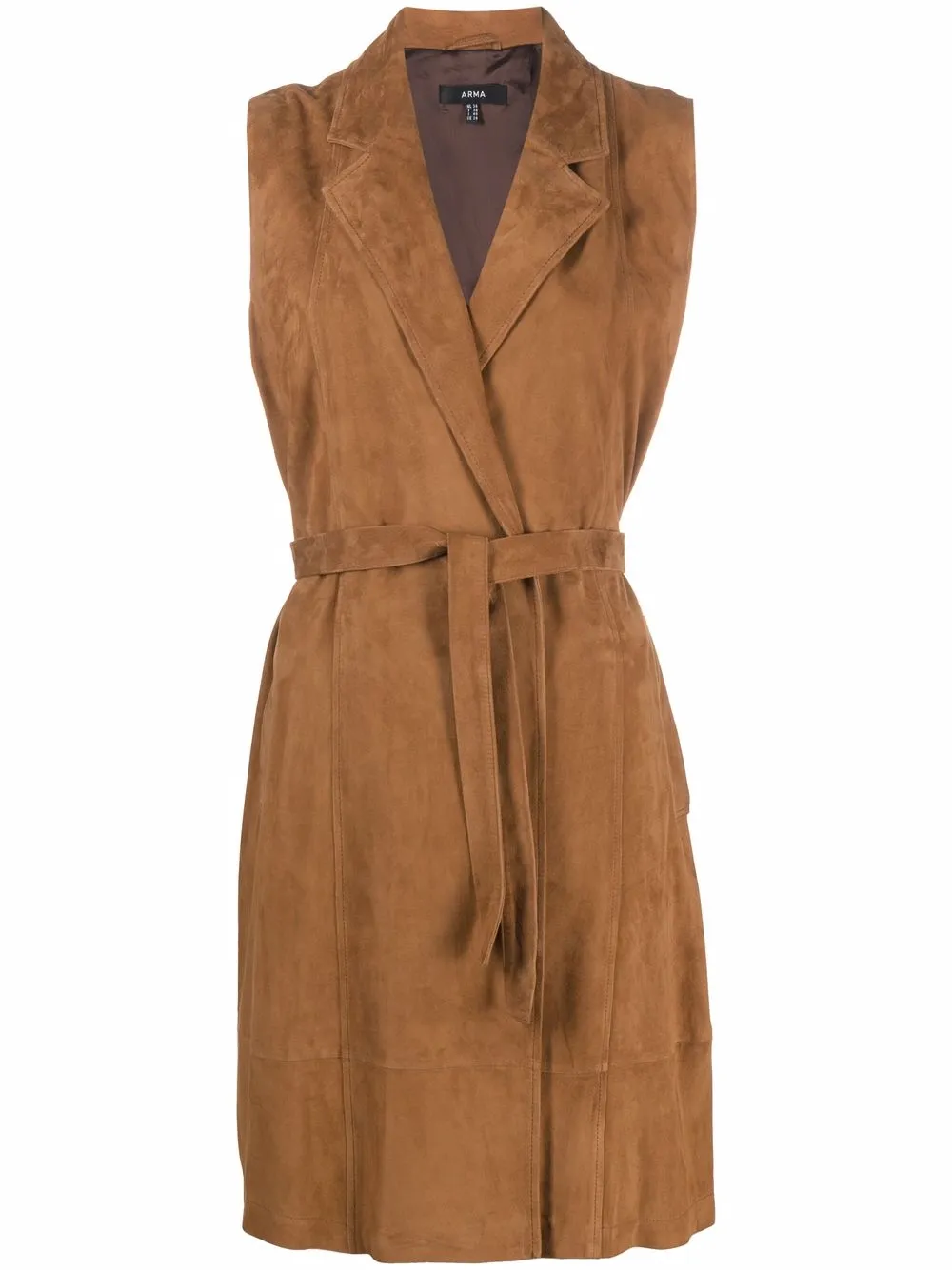 sleeveless belted suede trench coat