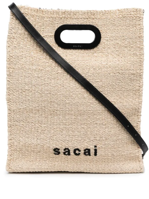 Sacai Logo-embroidered Woven Tote Bag in Neutrals