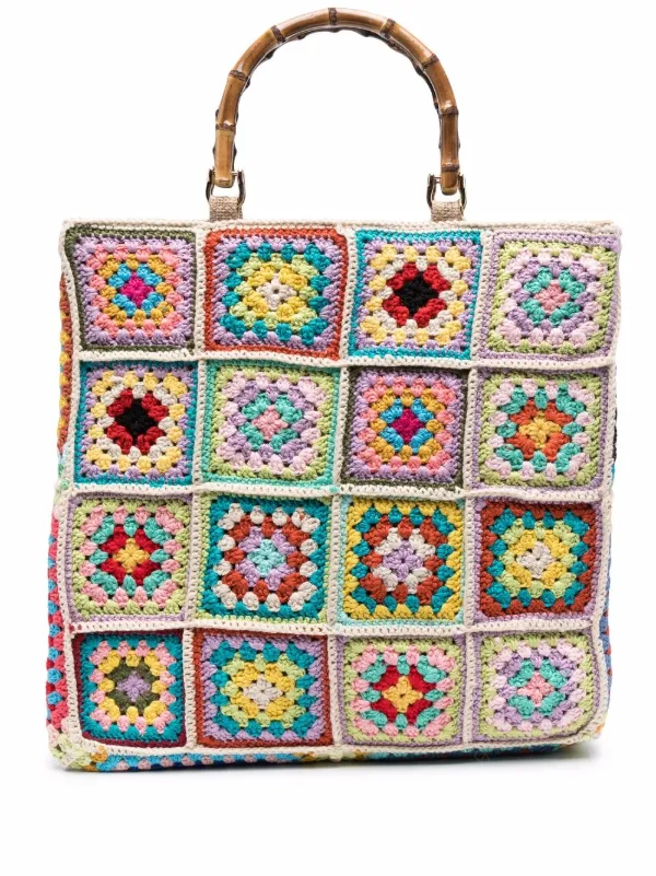 floral graphic crochet tote bag