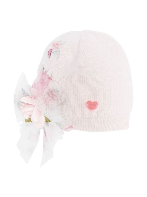 Monnalisa floral bow-detail knitted cap