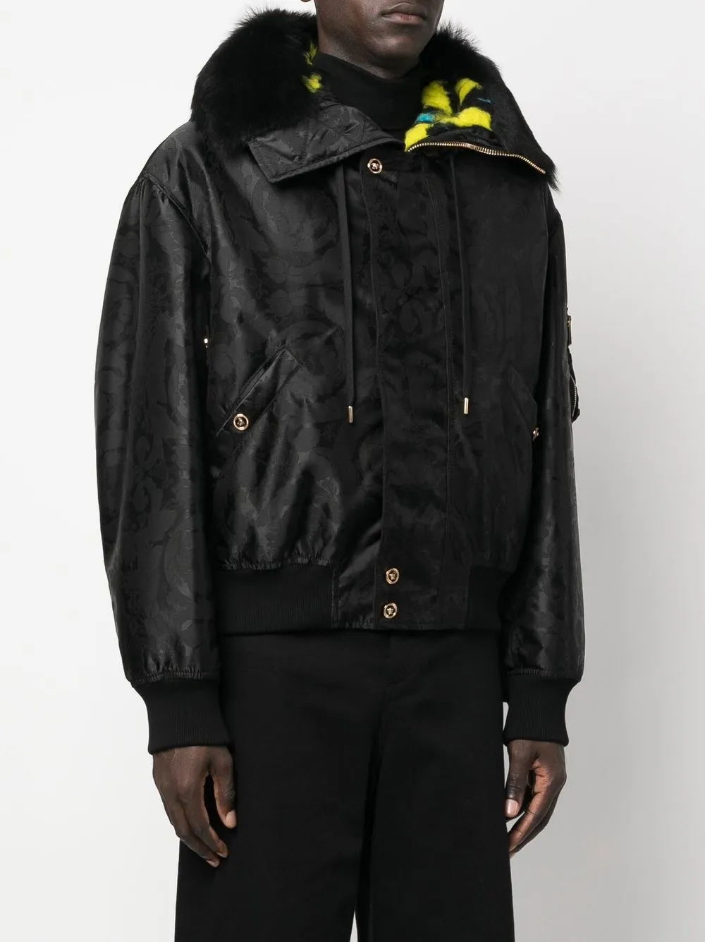 Versace Baroque-print Shearling-lined Jacket - Black 