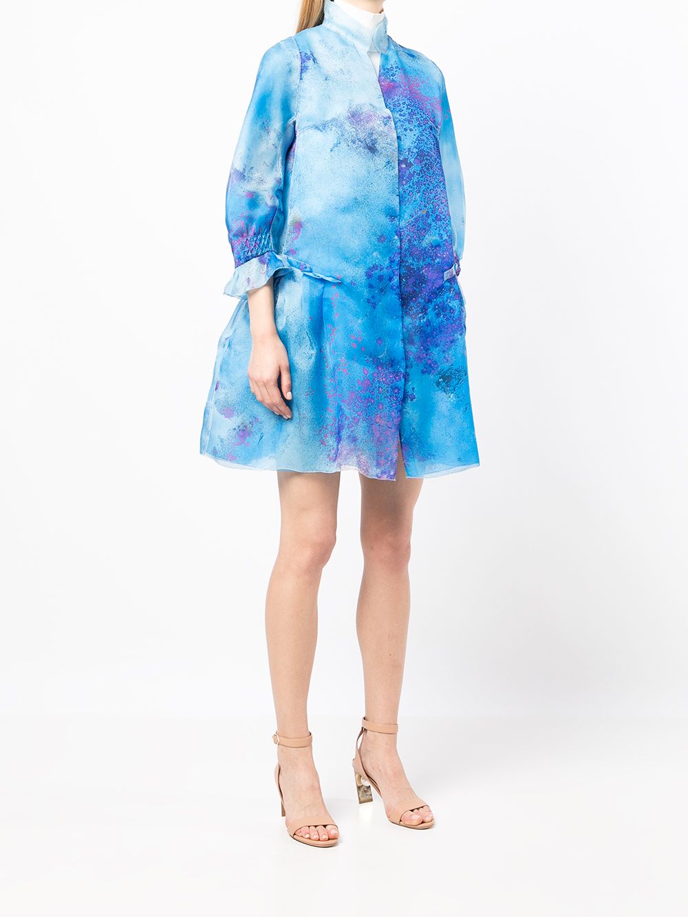 Shop Shiatzy Chen Flowerful Silk Puff-sleeve Jacket In Blue