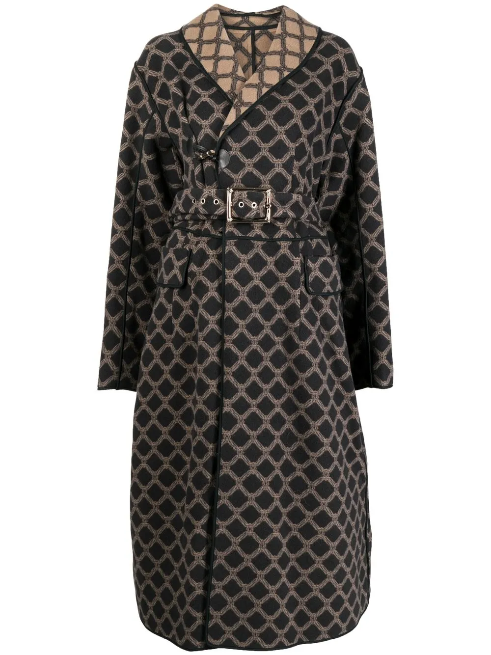 

Shanghai Tang monogram-print belted coat - Brown