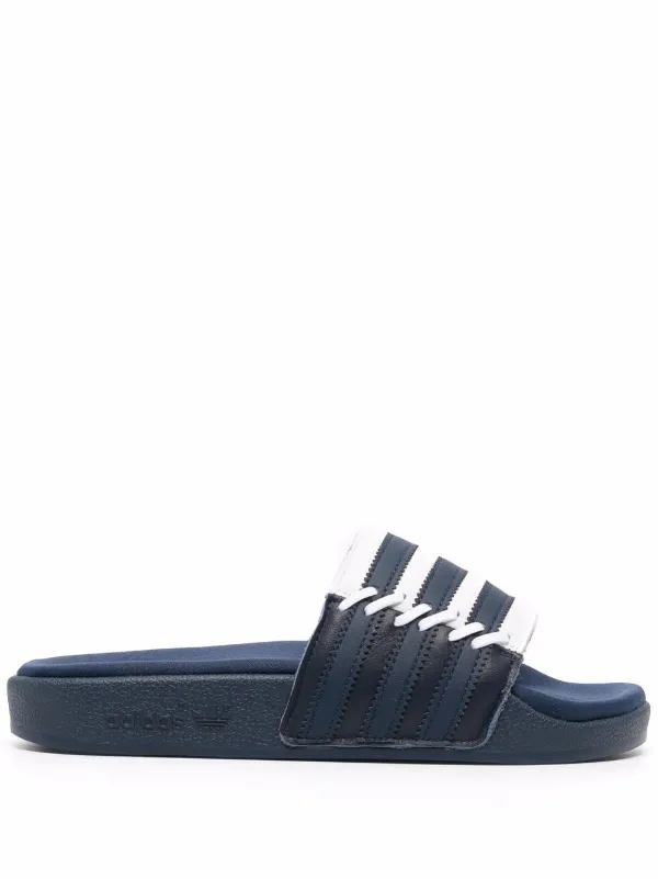 Adidas stripe print pool slides women Fabric Rubber Calf Leather 4 Blue