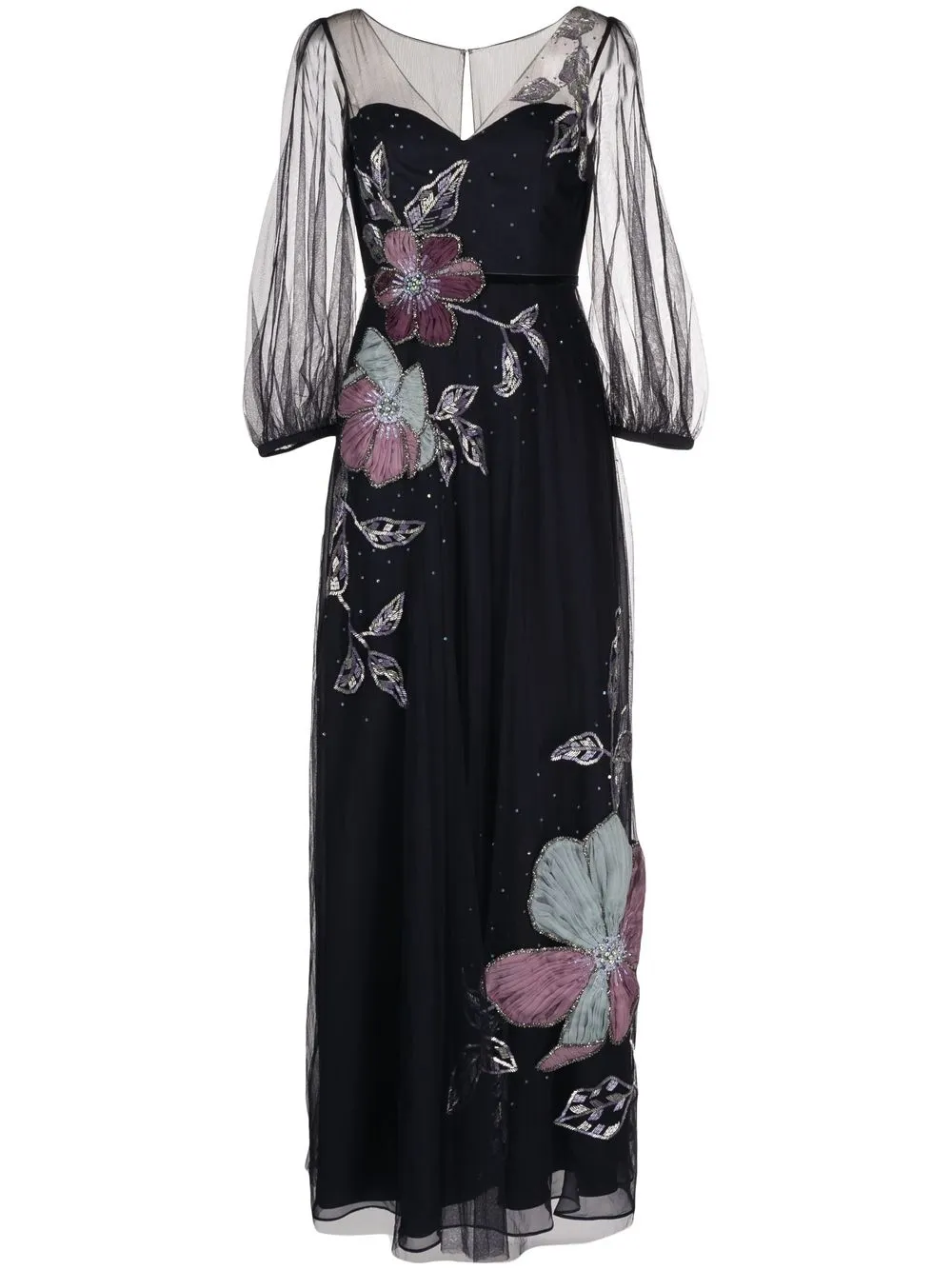 

Marchesa Notte floral-appliqué bead-embellished silk gown - Blue