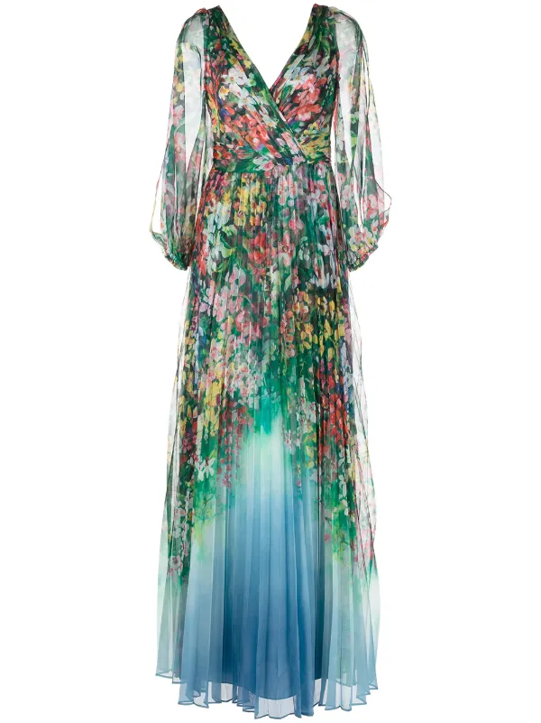 Marchesa Notte Floral Long Sleeve Gown - Multicolour