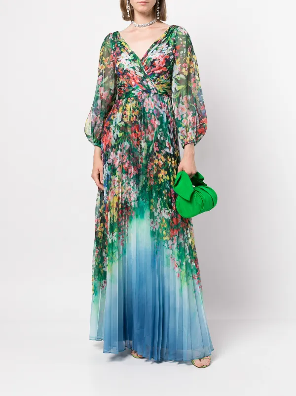 Marchesa Notte Floral Long Sleeve Gown 
