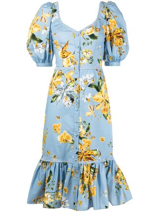 Marchesa Notte floral-print puff-sleeve Midi Dress - Farfetch