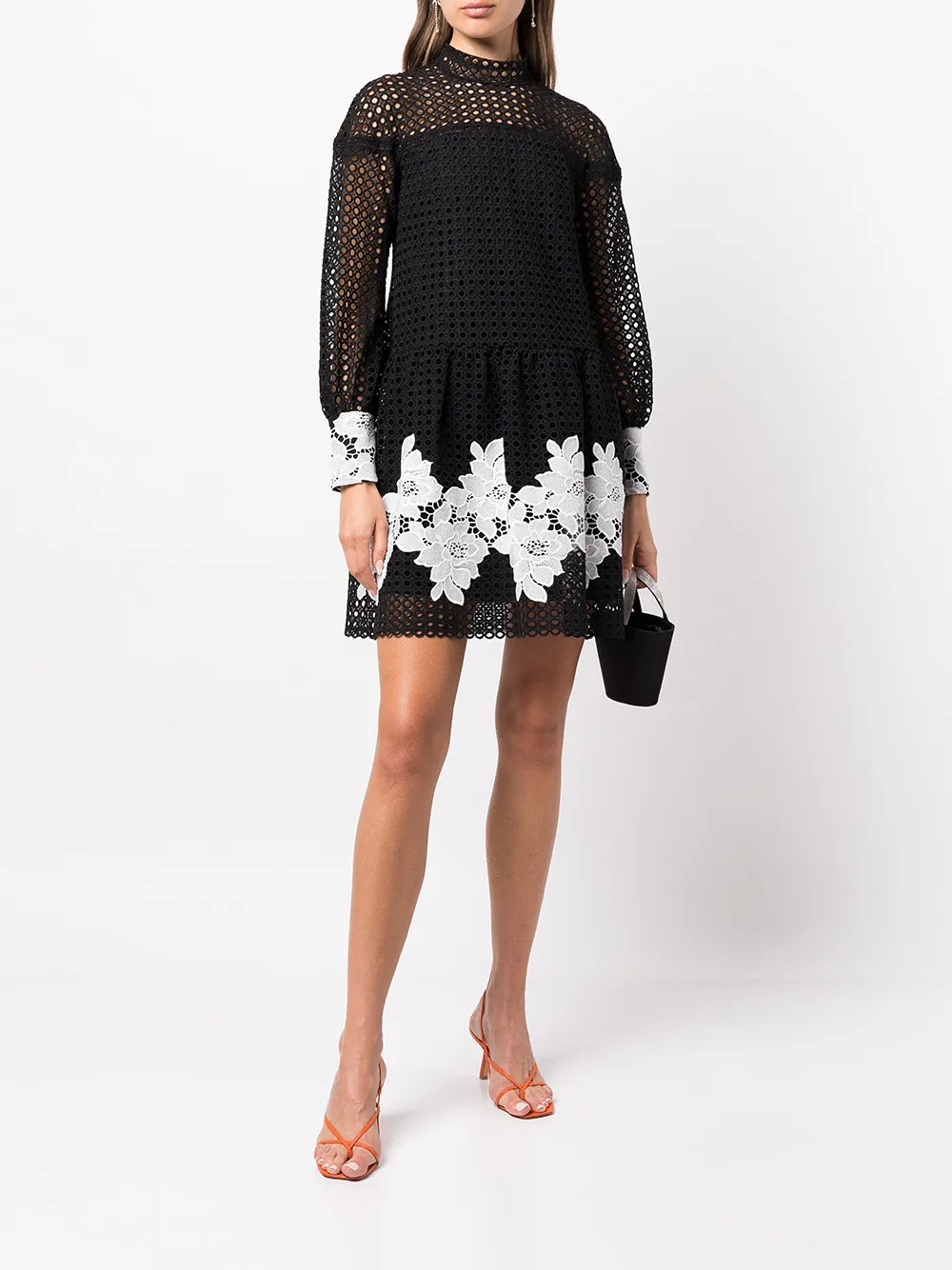 Marchesa Notte Jurk met bloemenkant - Zwart