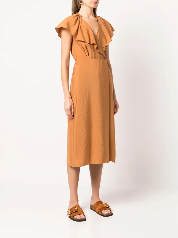Vince Ruffled Wrap Midi Dress - Orange
