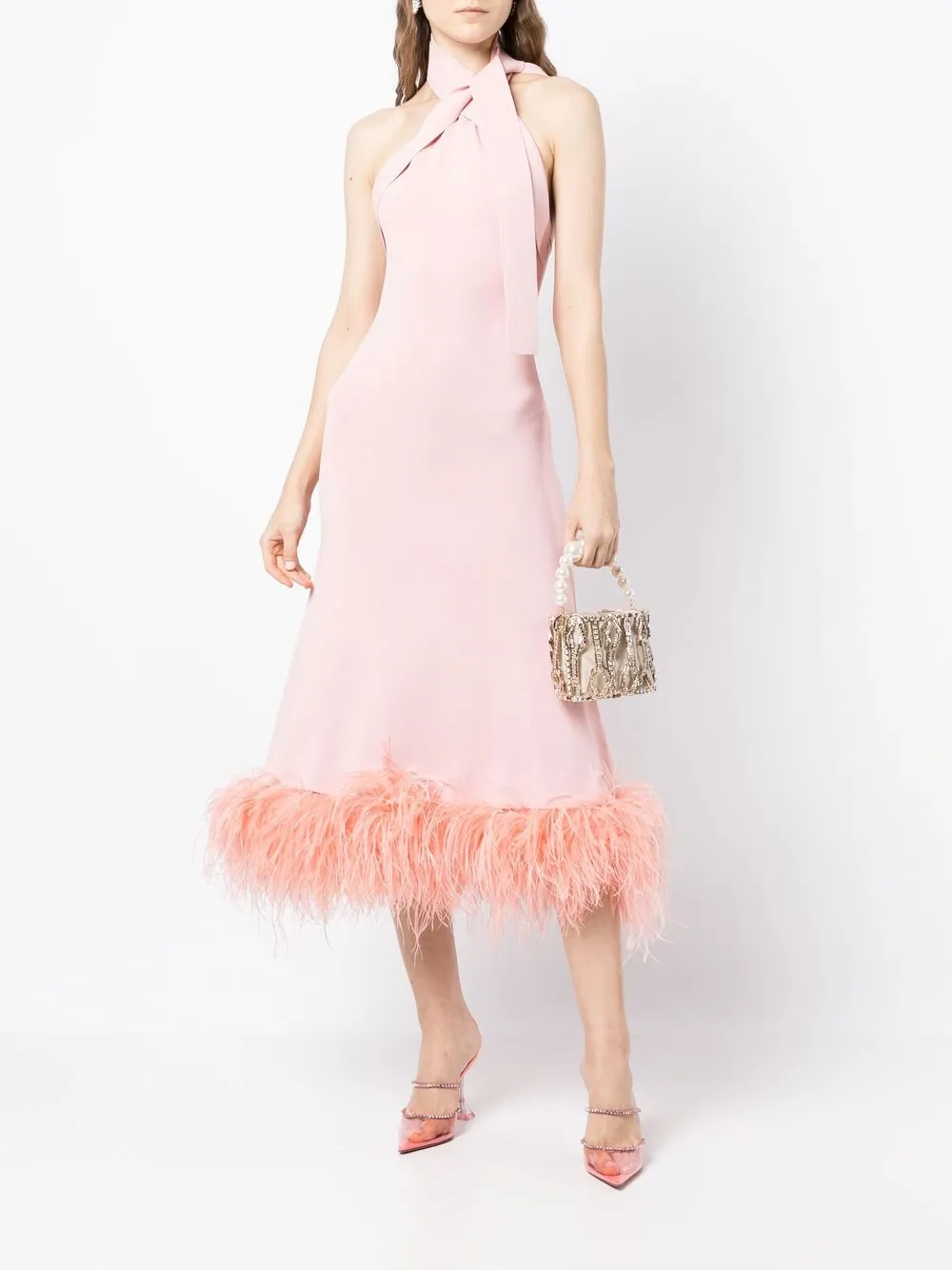Rachel Gilbert Halterjurk met veren afwerking - Roze