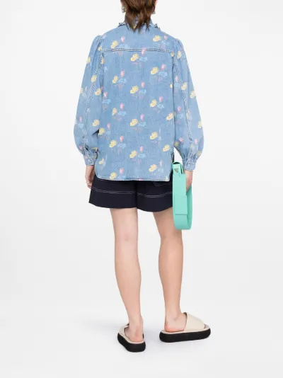 GANNI ruffle-collar floral denim shirt 