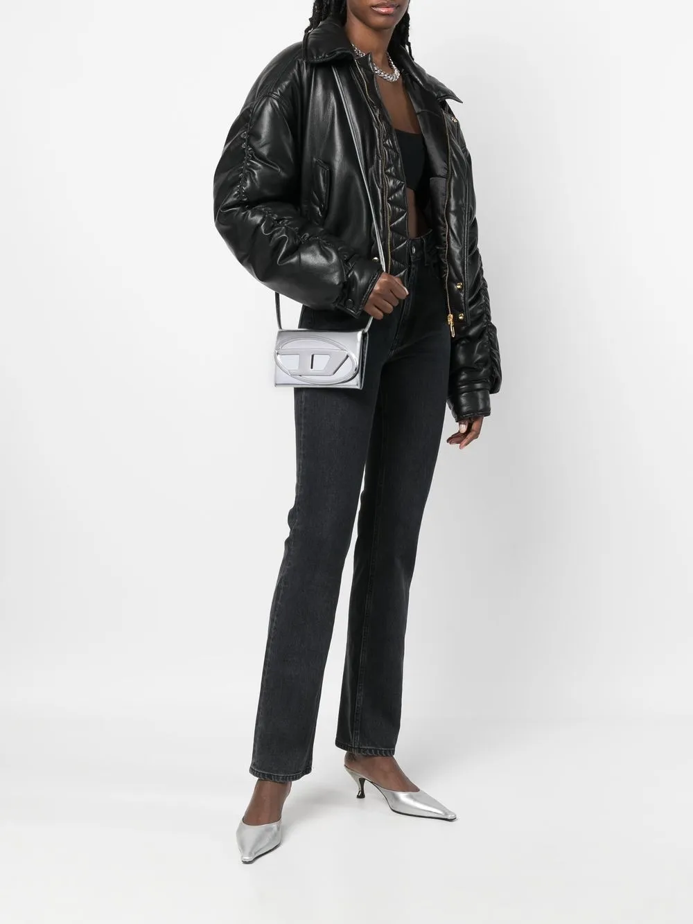 Diesel Cygnus leren crossbodytas met logoplakkaat - Zilver