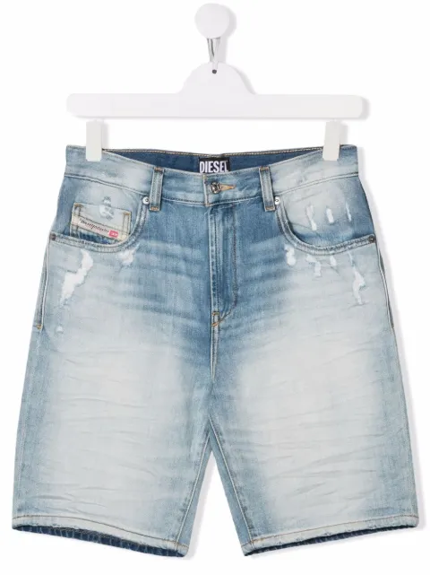 Diesel Kids شورت جينز بطول الركبة وتأثير ممزق