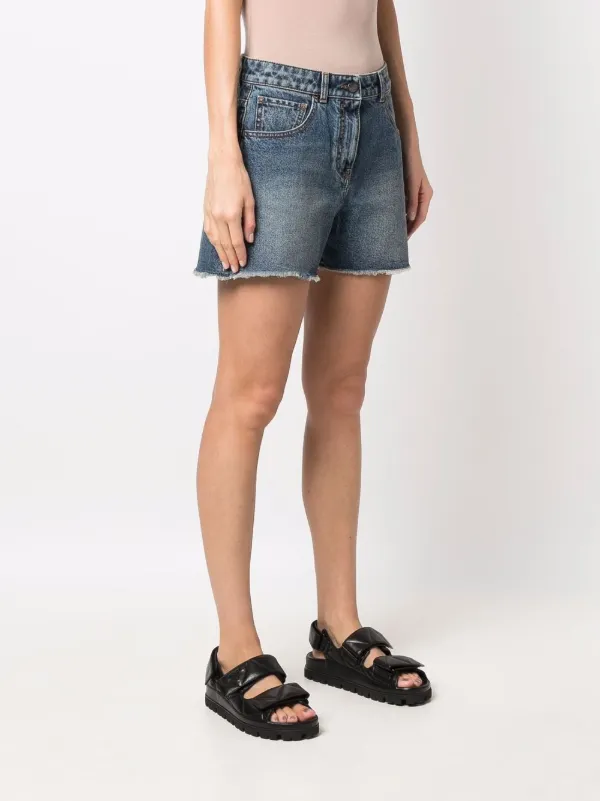 Palm Angels Palm tree-embroidered Frayed Denim Shorts | Blue