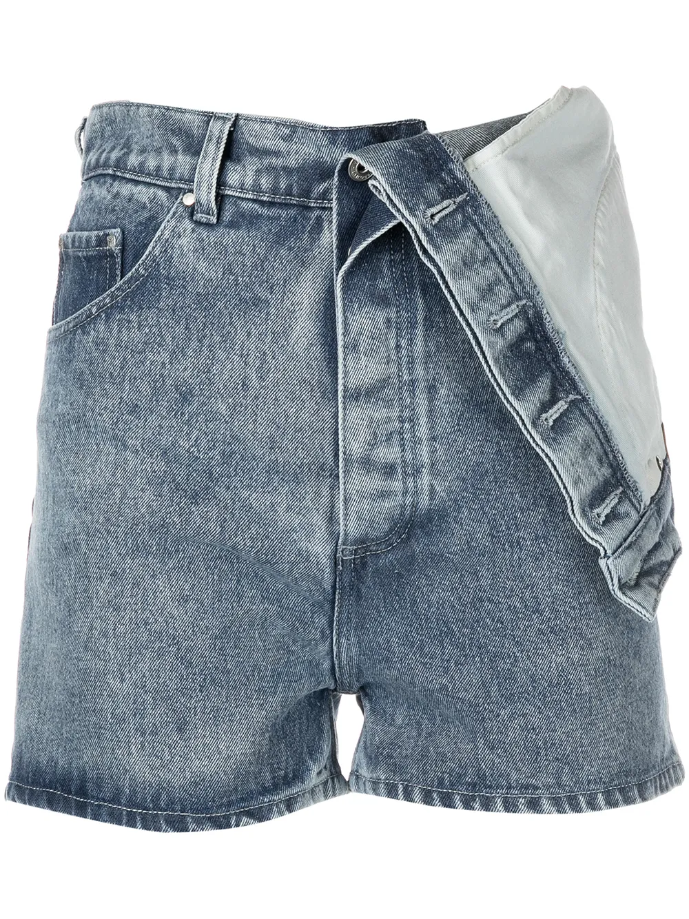 Y/project Draped-waist Stonewashed-denim Shorts In Blau